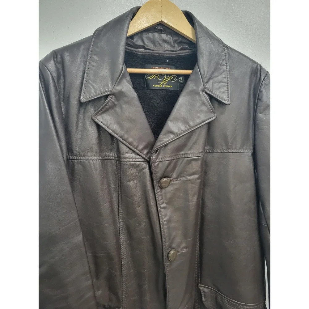 Montgomery Ward Vintage Brown‎ Leather Car Coat Faux Fur Lined Mens 42 Tall